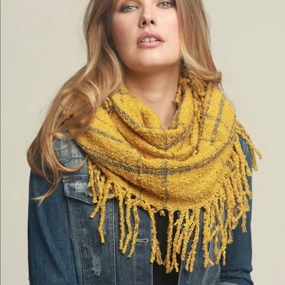 New! Ruggine Mustard Soft Fringe Plaid Infinity Scarf - Picture 2 of 2